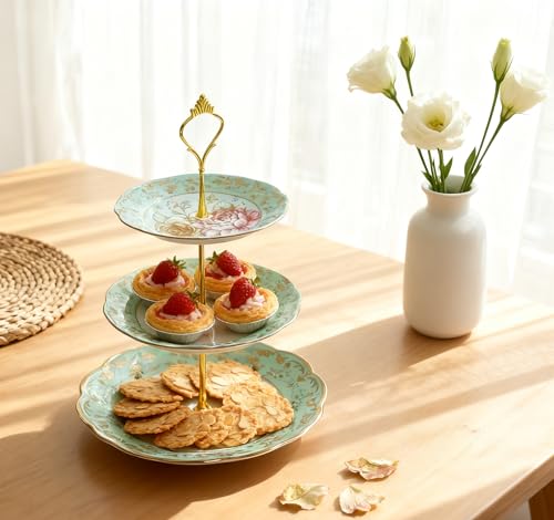 3-Tier 13.5 Inches Green Cupcake Dessert Stands, Cake Snack Scones Crackers Fruit Appetizers Pastry Tiered Platters Serving Tray for Tea Party, Bridal Shower, Wedding Catered Event - Flowers