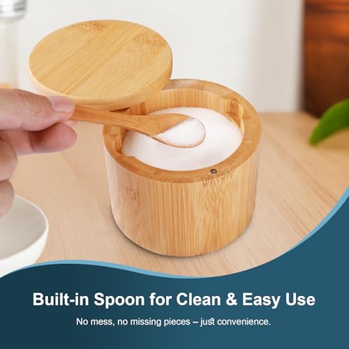 Bamboo Salt Cellar, 2 PCS Salt Container with Built-in Spoon, Salt Box Bowl with Magnetic Swivel Lid, Elegant Kitchen Salt Holder Saver Jar to Storage Pepper Spice Sea Salt for Countertop - color: 2 PCS Bamboo Salt Cellar