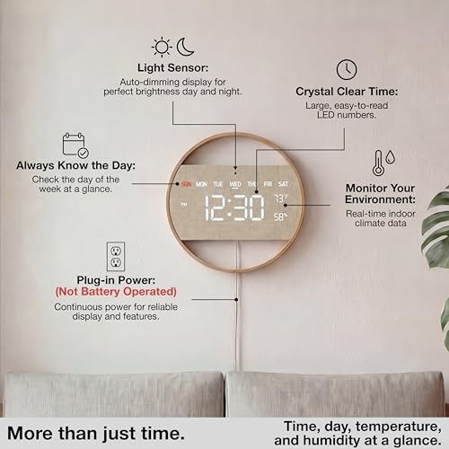Driini Large Digital Wall Clock -Round Digital Bamboo Wooden Wall Clock with Large Display - LED Wall Clock - Auto-Dimming – Plug in USB with Temperature & Humidity – Large Wall Clock for Living Room.