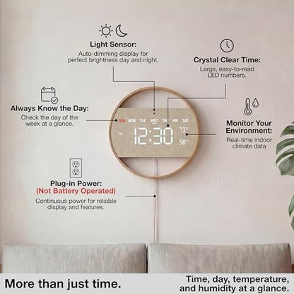 Driini Large Digital Wall Clock -Round Digital Bamboo Wooden Wall Clock with Large Display - LED Wall Clock - Auto-Dimming – Plug in USB with Temperature & Humidity – Large Wall Clock for Living Room.