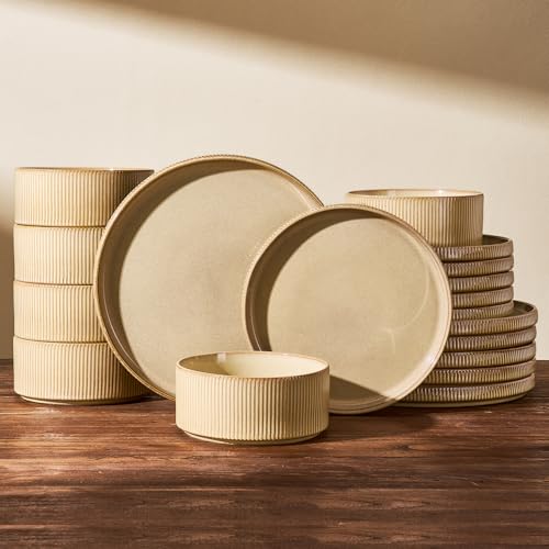 Ceramic Plates & Bowls Sets for 6, Handmade Reactive Glaze | Cream, 18 pcs Stoneware Dinnerware, Ribbed Dishes, Daily & Formal Use, Microwave & Dishwasher Safe, Chip & Scratch Resistant - color: Cream, size: Service for 6 (18pc)