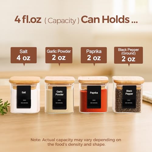 ComSaf Glass Spice Jars with Labels 4 oz 12 Pack Small Square Bamboo Lids | Empty Containers, Seasoning Herbs Powders, Salt Pepper Chili, Spice Rack Organization, Kitchen Cabinet Storage, Dry Goods
