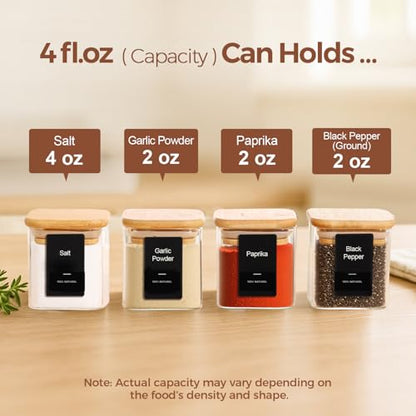 ComSaf Glass Spice Jars with Labels 4 oz 12 Pack Small Square Bamboo Lids | Empty Containers, Seasoning Herbs Powders, Salt Pepper Chili, Spice Rack Organization, Kitchen Cabinet Storage, Dry Goods