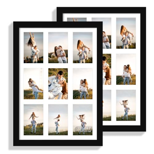 Hongkee 13.6x19.7 Collage Frame for 9 4x6 with Mat - Real Glass Cover | 2 Pack Black Wooden Frame, Nine 4x6 Collage - Horizontal or Vertical Wall Mounting, fits Photos, Posters and Art - color: Black, size: 13.6x19.7 in matted to 9-4x6