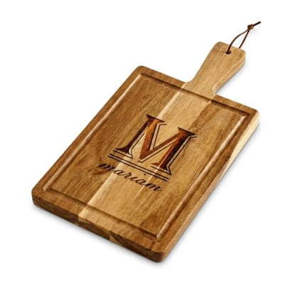 Monogrammed Acacia Wood Carving Board | 17" x 9.75" Charcuterie & Cutting Board | Handle with Lanyard | Beveled Edge Design | Custom Initial Wedding Gift - color: Acacia, style: Wide Rectangle Custom Monogram