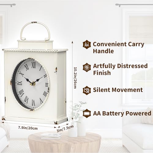 Vintage Mantel Clock, Large Rustic Distressed Metal Table Clock with Handle, Silent Non-Ticking Quartz Movement, Whitewashed Fireplace Shelf Desk Clock for Living Room Bedroom Office - style: White Clock