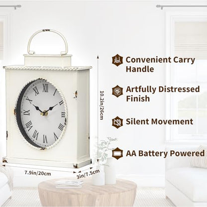 Vintage Mantel Clock, Large Rustic Distressed Metal Table Clock with Handle, Silent Non-Ticking Quartz Movement, Whitewashed Fireplace Shelf Desk Clock for Living Room Bedroom Office - style: White Clock