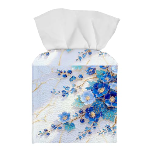 Tissue Box Cover Square, PU Leather Tissue Box Holder for Bathroom, Living Room & Office Desk, Blue Floral Branch with Gold Accents Art, Decorative Modern Tissue Box Cover - color: Blue Floral Branch With Gold Accents Art