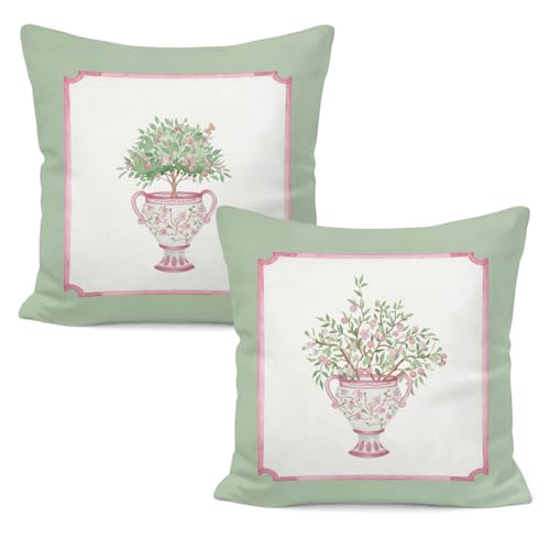 Sage Green and Pink Chinoiserie Floral Pillow Covers 18x18, Grandmillennial Preppy Botanical Flower Decorative Throw Pillow Covers for Home Room Nursery, Set of 2 - color: White-sage Green Chinoiserie Floral