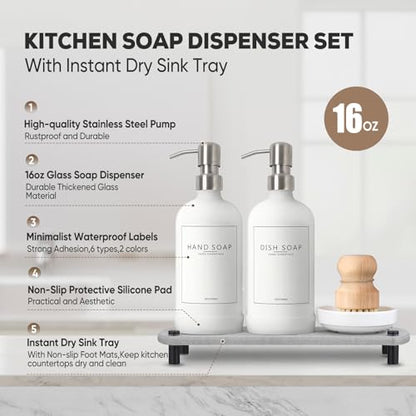 Kitchen Soap Dispenser Set with Instant Dry Tray,16 Oz Hand and Dish Soap White Glass Dispenser Set,Stainless Steel Pump,Waterproof Labels&Dish Brush,Luxury Soap Bottle for Kitchen,Bathroom - color: White Bottle+silver Pump