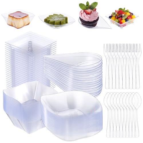 200 Pcs Mini Appetizer Plates Set Including Spoons and Forks, Disposable Mini Dessert Cup 4 Shapes Clear Plastic Dessert Bowls and Serving Trays for Party Wedding Birthday