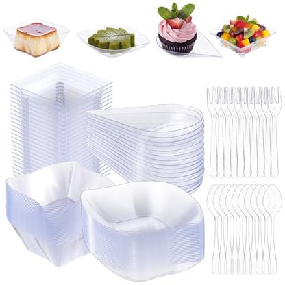 200 Pcs Mini Appetizer Plates Set Including Spoons and Forks, Disposable Mini Dessert Cup 4 Shapes Clear Plastic Dessert Bowls and Serving Trays for Party Wedding Birthday