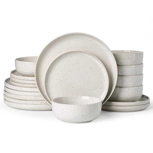 Famiware Meteor 18-Piece Stoneware Dinnerware Set, Creamy White | Plates and Bowls for 6, Reactive Glaze with Speckles & Circles, Microwave/Dishwasher Safe, Chip/Scratch Resistant - color: Creamy White, size: Service for 6 (Standard Dinner Set)