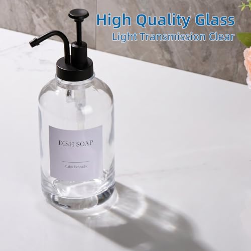 Glass Soap Dispenser with Upgrade Pump, Hand and Dish Soap Dispenser for Bathroom Kitchen, Soap Dispenser Set with 9 Stickers Funnel Bamboo Tray 500ml 18oz Clear - color: Clear