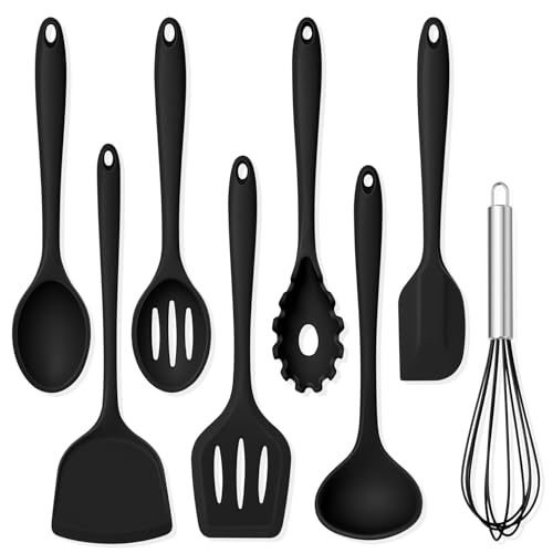 TeamFar Silicone Cooking Utensils Set, 8 PCS Kitchen Utensils Set, Black | 446°F Heat Resistant Turner, Spatula, Spoon, Whisk, Kitchen Cooking Gadgets Tools, for Nonstick Cookware, Dishwasher Safe - color: Black