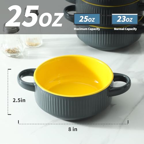 Soup Bowls with Handles, 23 oz French Onion Soup Crocks, Stackable Soup Bowl Oven Safe for Chili, Beef Stew, Embossment Ceramic Bowl Set - 5.4 Inch, Set of 4,Yellow Gray - color: Yellow Gray