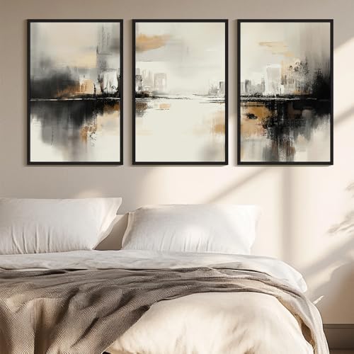 PHOPAGO Black Gray Abstract Landscape Framed Wall Art Huge 24x36in Brown Tan Neutral Wall Decor Minimalist Modern Illustrations Prints Bedroom Home Decor - Black Framed - color: Black Abstract, size: 36L" x 24W" x 3 Pcs Black