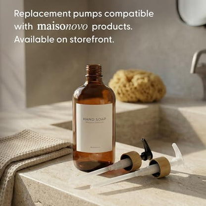 MaisoNovo Glass Dish Soap Dispenser for Kitchen Set of 2-16.9oz Amber Dish and Hand Soap Dispenser Set for Kitchen - Amber Glass Bottles x 2 with Black Bamboo Pumps & Tray - color: Amber Bottles/Black Bamboo Pumps