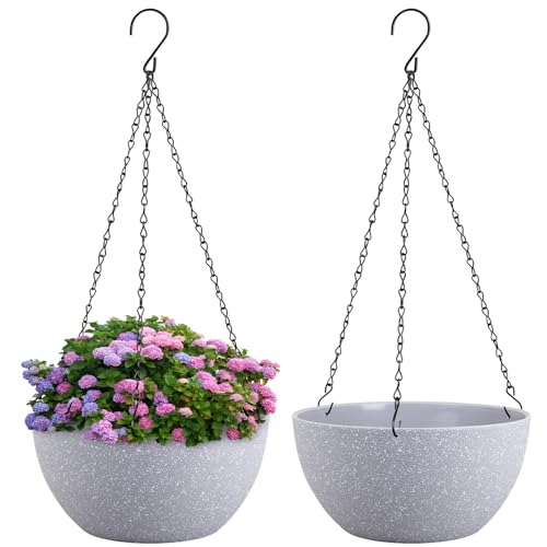 Meowell 10 inch Hanging Planters for Indoor Outdoor Plants, 2 Pack Hanging Flower Pots with Drainage Holes and Chain for Garden Porch, Plastic Hanging Baskets for House Plants, Speckled Grey - color: Speckled Grey, size: 10inch 2pcs