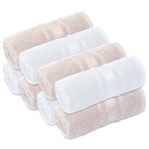 Fingertip Towels 8 Pack, 100% Turkish Cotton, Small Hand Towels for Body and Face, 12 x 18 in, Soft and Absorbent, Quick Dry, (White-Beige Fingertip Hand Towels) - color: White-beige