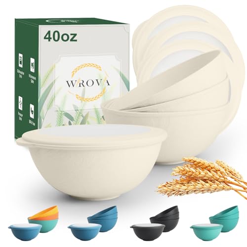 Wheat Straw Bowls with Lids Set of 4, Unbreakable Salad Bowls 40oz | Microwavable Salad Container for Lunch Alternative to Plastic Bowls, Dishwasher Safe Bowls for Kitchen & Outdoor, Beige - color: Beige, size: 40oz with Lids