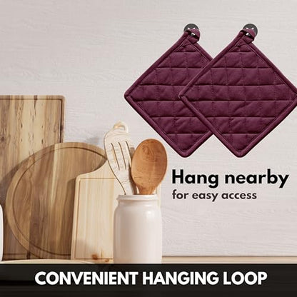 Oven Mitt (7"x13") & Pot Holder (8"x8") 100% Cotton Set of Heat Resistant Oven Gloves & Hot Pads for Gifts, BBQ, Cooking, Baking, Thanksgiving - Burgundy Wine - color: Burgundy Wine