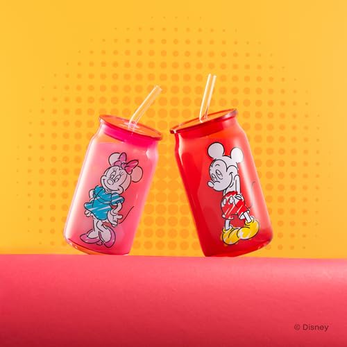 JoyJolt Disney Mickey Mouse and Friends Color Sketch Glass Tumblers with Lids and Straws, 16oz Glass Cups with Lids and Straws, Can Shaped Drinking Glasses Set of 4, Disney Gifts for Adults - style: Mickey Mouse