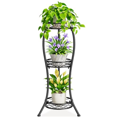 iDavosic.ly 3 Tier Metal Plant Stand Outdoor Indoor, 34 Inch Tall, Black | Corner Flower Pot Holder Shelf, Wrought Iron Vertical Display Rack for Patio Porch Garden, Heavy Duty, Sturdy, Space Saving - color: Black, size: 3 Tiers