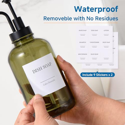 Glass Soap Dispenser with Pump, Dish and Hand Soap Dispenser for Kitchen Bathroom, Glass Dispenser Set with 18 Stickers Funnel Bamboo Tray 500ml 18oz Green - color: Olive Green 3