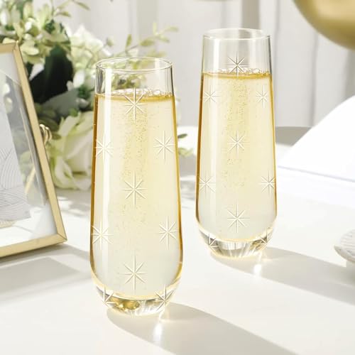 SHOSHIN Stemless Champagne Flutes - Elegant Hand-Cut Crystal Glasses - color: Stars