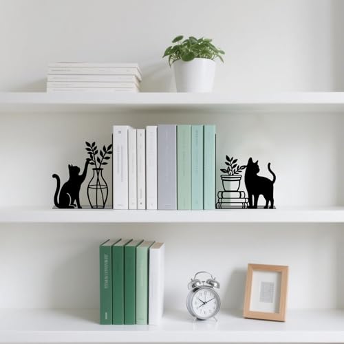 Metal Bookends Cat and Vase Book Ends for Shelves | Cat Bookends Decorative Unique Desk Bookend Black Non-Skid Book Stopper for Home Reading Bookshelf Decor Book Lovers Gift - style: Cat and Vase