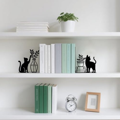 Metal Bookends Cat and Vase Book Ends for Shelves | Cat Bookends Decorative Unique Desk Bookend Black Non-Skid Book Stopper for Home Reading Bookshelf Decor Book Lovers Gift - style: Cat and Vase
