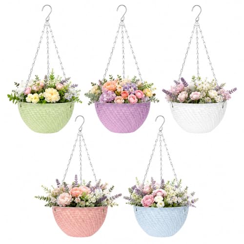 10 Pack Hanging Planters for Outdoor Plants, Small Hanging Basket Plants | Multi-colored Hanging Pots with Drainage Plugs, Water Barrier and Chains, Hanging Basket Planter for Indoor Garden Decor