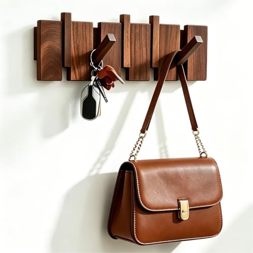 Coat Rack Wall Mount, Walnut 5 Flip-Down Picket Hanger Hooks for Entryway | Heavy Duty 5 Hook Wall Hanger for Coats, Hats, Keys, Bags, Space Saving Hallways Bedroom Bathroom Mounting, Hardware Included - size: 5 Hooks