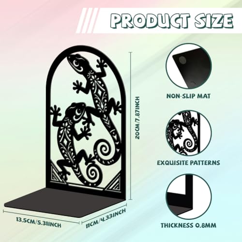 5.3"x4.3"x7.9" Metal Bookends, Heavy Duty Book Ends for Shelves | Geckos Theme Cast Iron Book Supports, 1 Pair Decor Stoppers for Desk, Library, Office & Home Shelves - style: Geckos