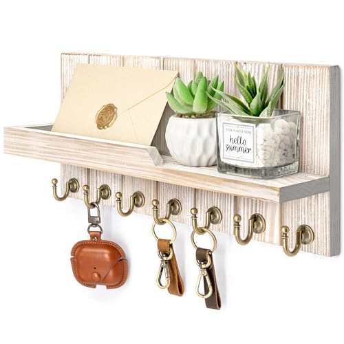 Rebee Vision Key Holder Wall Mount with 7 Hooks for Entryway, Natural Wood | Key Holder for Wall, Mail Organizer, Floating Shelf, Display Plant, Rustic Apartment Essential, Decorative Room Accent - color: Natural Wood, size: 15 inches