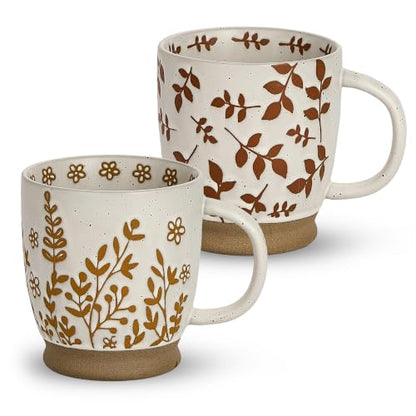 18 Oz Large Ceramic Coffee Mug Set of 2 - Rustic Handmade Floral Mugs with Handle, Microwave Safe for Latte Espresso Cappuccino Tea Cocoa Milk, Modern Unique Big Cups for Kitchen Women(Caramel Brown) - color: Caramel Brown