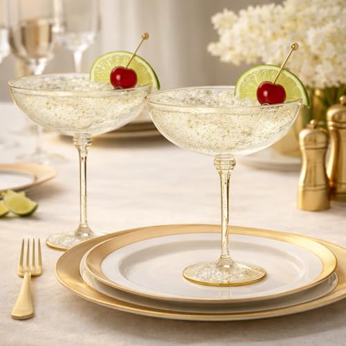 LemonRoad 24 Pcs Detachable Martini Glasses 9oz Disposable Plastic Coupe Cocktail Dessert Glassware Set for Champagne Wine Wedding Birthday Holiday Party Supplies (Transparent Gold Powder) - color: Transparent Gold Powder