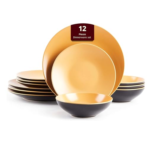Stoneware Two-Tone Colors Life Dinner Set 12pc Set, Outside Shiny Black + Inside Matte Curry - color: Curry, size: 12pc Set