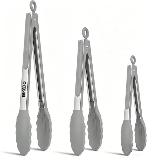 Kitchen Tongs with Silicone Tips, Tongs for Cooking 7", 9" & 12" | 600°F Heat-Resistant, Dishwasher Safe, Non-Scratch, Locking Mechanism, Safe for Non-Stick Pans BBQ Grilling Air Fryer Grey - color: Light Grey, size: 7 + 9 + 12 inches