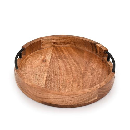 Tray Acacia Wood Round Serving Tray with Iron Handles for Coffee Table Decor Centerpiece Kitchen Counter (12" X 12" X 1.6")