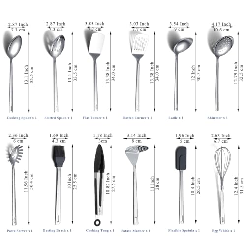 Kitchen Cooking Utensils Set 26 Pieces, Stainless Steel Heavy Duty Sturdy Kitchen Tool Set with Hooks, Metal Spatula & Spoon Set Ergonomic Hanging Handles for All Cooking Tasks