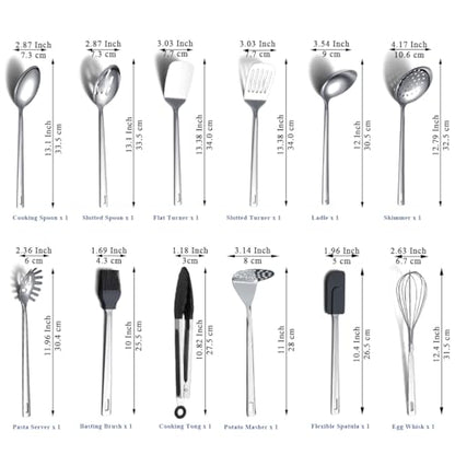 Kitchen Cooking Utensils Set 26 Pieces, Stainless Steel Heavy Duty Sturdy Kitchen Tool Set with Hooks, Metal Spatula & Spoon Set Ergonomic Hanging Handles for All Cooking Tasks