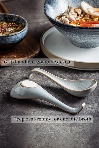LYEOBOH Ceramic Asian Soup Spoons Set of 6, Ramen Spoons with Long Handle | Japanese Ramen Spoons with Deep Hook Design for Miso Rice, Chinese Soup Spoons for Kitchen, Dishwasher Microwave Safe, Gray - color: Gray