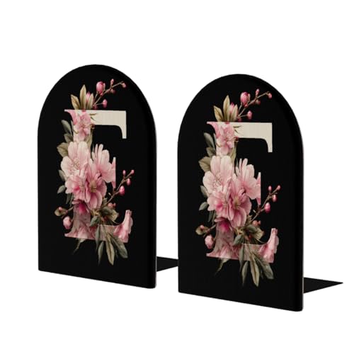 Wood Book Ends for Shelves Pink Floral Alphabet E On Black Bookends for Heavy Books CDs Organizer Decorative Wooden Book Stopper Holders for Home Office Desk,6.7x4.2x4in Set of 2 - color: Floral E, size: 6.7x4.2x4inx2PCS