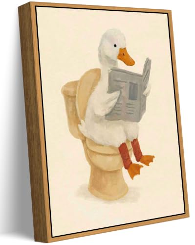 Floating Framed Funny Bathroom Goose Canvas Wall Art Cute Duck Painting Picture Wall Decor Reading Newspaper Goose Poster Print Artwork for Washroom Bathroom Restroom Home Decoration 16x24in - color: Goose Framed, size: 24"L x 16"W