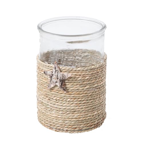 Rustic Seagrass Glass Vase, Rattan Flower Vase, Boho Vases for Decor, Wicker Dining Table Vases, Rattan Woven Tea Light Candle Holder Decor, Decorations for Farmhouse/Living Room/Bedroom (Seagrass)