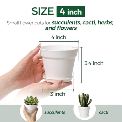 T4U Small Plant Pots 4 Inch 18 Pack, Plastic Flower Pots with Saucer White | Nursery containers for succulents cactus herbs, Desk windowsill shelf, Violet african violet, Compact lightweight - color: White, size: 4 In