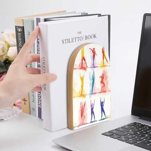 Book Ends for Shelves Heavy Duty Non-Slip Wooden Bookends with Metal Base Modern Decorative Wooden Book Holders Gymnastics Game Book Stopper for Home Office And Library,Books Shelf Holder Organizer Ac