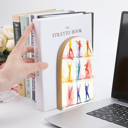 Book Ends for Shelves Heavy Duty Non-Slip Wooden Bookends with Metal Base Modern Decorative Wooden Book Holders Gymnastics Game Book Stopper for Home Office And Library,Books Shelf Holder Organizer Ac